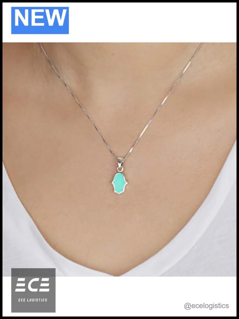 925 Sterling Silver Hamsa Pendant Charm Necklace Opal Synthetic Round